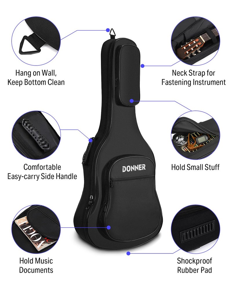 Donner حقيبة جيتار أكوستيك دونر 36 بوصة، بطانة إسفنجية بسماكة 0.4 بوصة، حقيبة جيتار ناعمة من نايلون مقاوم للماء 600D مع 3 جيوب وحلقة تعليق خلفية، سوداء - Image 3